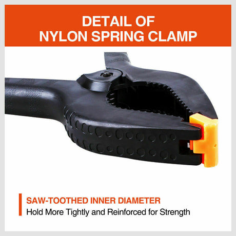 Four-piece set of 9-inch black heavy-duty nylon spring clamps, showcasing their strong, quick grip design and large size, suitable for a variety of clamping tasks