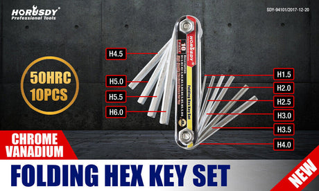 10-piece metric folding hex key set in a pocket-sized aluminum holder. Hardened chrome vanadium steel keys range from H1.5 to H6. For professionals and DIYers.