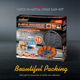 16-piece bi-metal hole saw set for precise cutting on metal, wood, gypsum, PVC, and plastic, with various sizes and durable construction