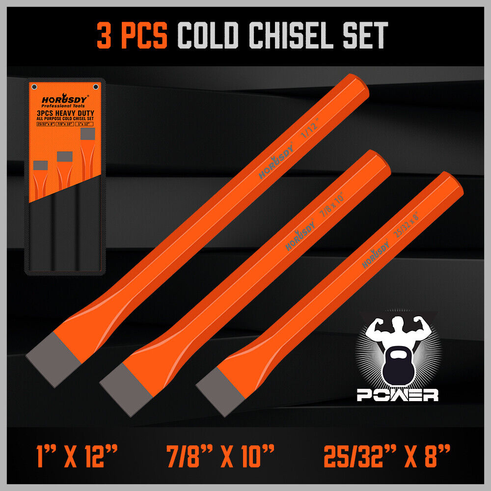 HORUSDY 3-Piece Extra Long Cold Chisel Set, Rust-Resistant Black Oxide Finish, Sizes 25/32"x 8", 7/8"x 10", 1" x 12", Ideal for Shaping Cold Metal, Masonry, and Concrete