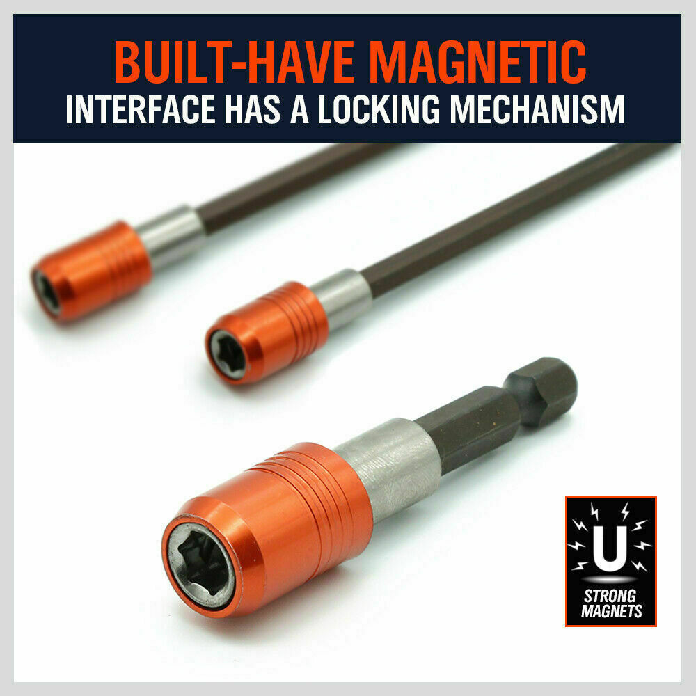 Set of 3 magnetic screwdriver bit extensions with anti-slip holders, featuring 1/4" hex shank compatible with all drills.
