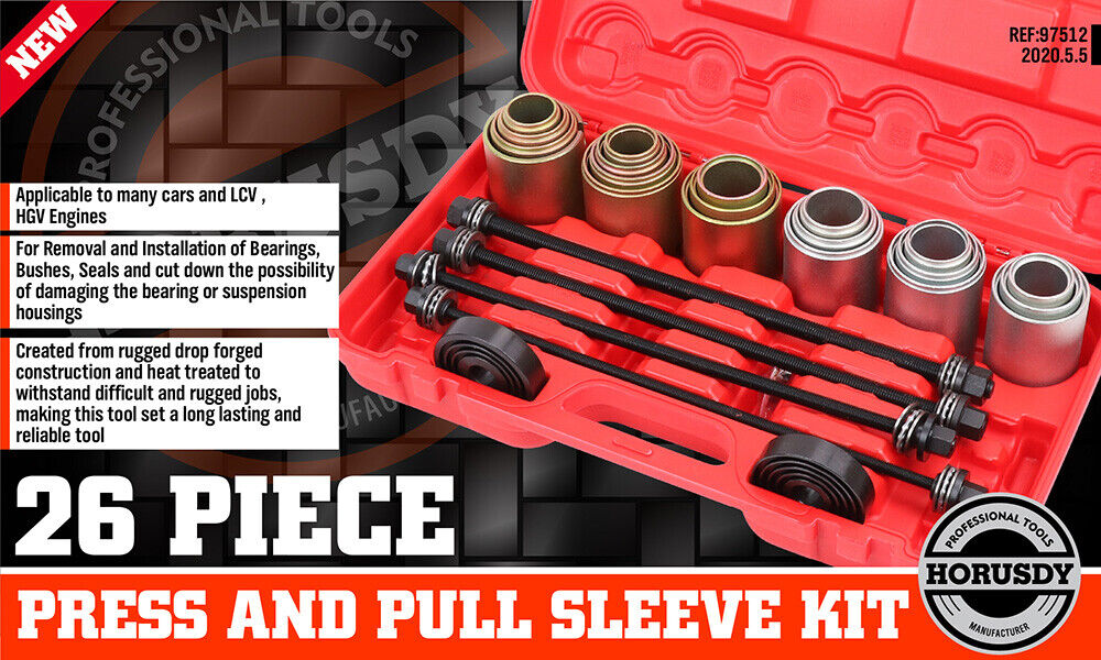 Comprehensive 26-piece kit for automotive bush, bearing, and seal removal and installation