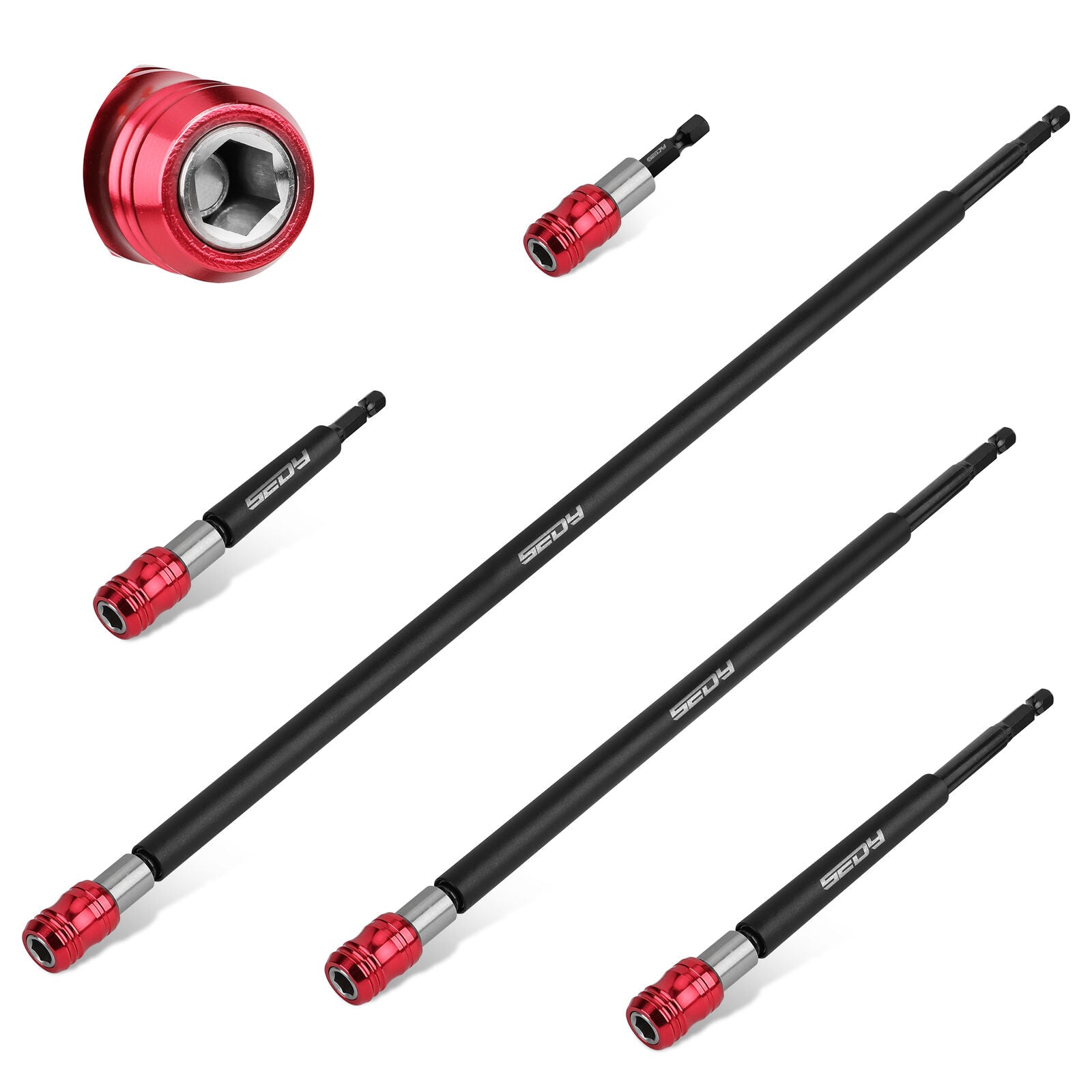 Set of 5 SEDY magnetic drill bit extensions in various lengths, with 1/4" hex shank, red quick release, and strong magnetism for secure bit hold.