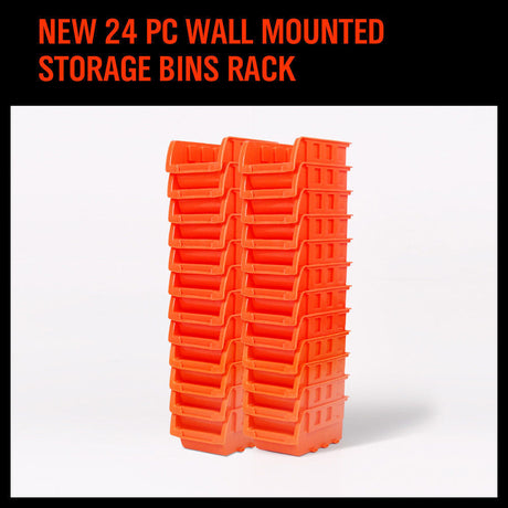 Robust Wall Mounted Bins Rack featuring 8 orange stackable plastic storage trays and 3 plastic racking, ideal for organizing small parts, tools, fishing tackle, and craft supplies. Designed to mount easily on pegboard, slot wall, or wooden studs, offering a versatile and space-saving solution for any workshop, garage, or hobby room