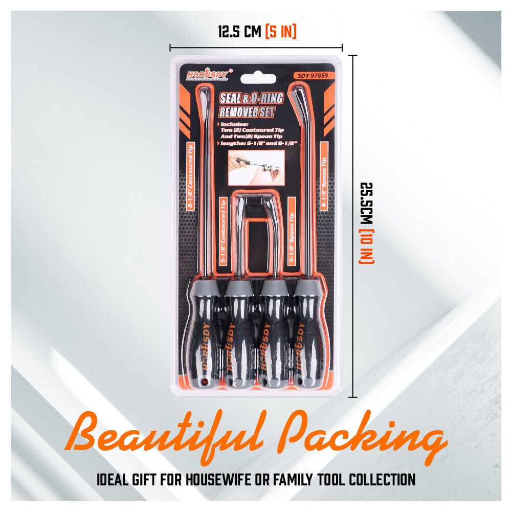 Four-piece Seal and O-Ring Removal Tool Set, designed for easy and damage-free removal of seals and O-rings. This set includes two contoured tips and two spoon tips, crafted from durable and solid chrome vanadium (CR-V) material, perfect for automotive and machinery maintenance