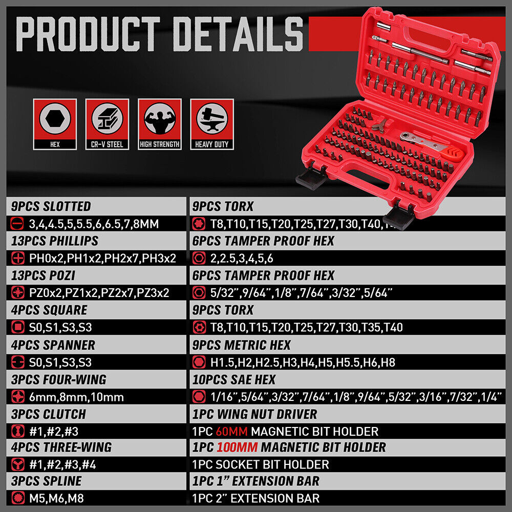 112PC Security Bit Set - Durable CRV steel, versatile set, ratcheting wrench, comprehensive bit types, convenient storage.