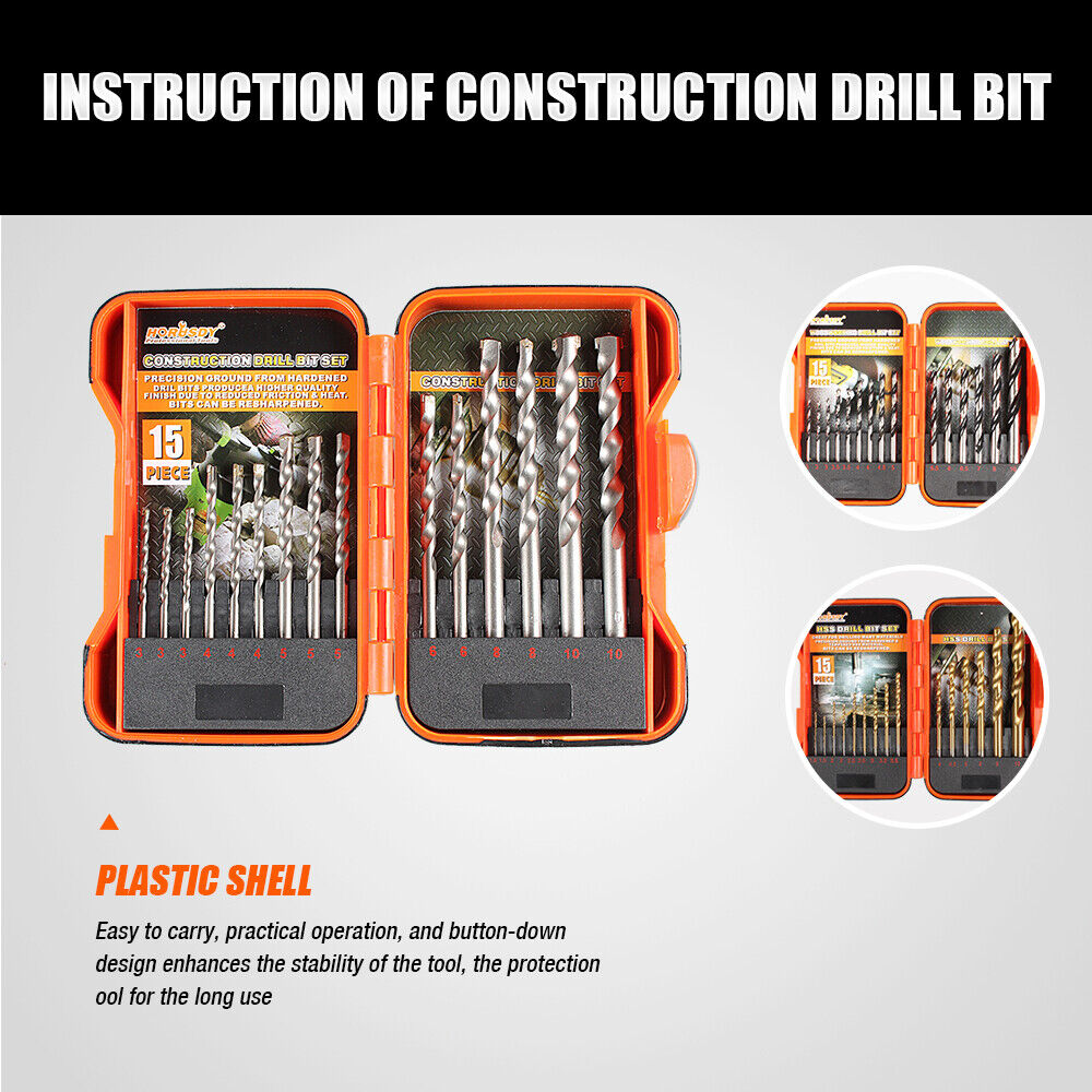 Comprehensive 45-Piece HSS Drill Bit Set, including 15 Metal, 15 Wood, and 15 Concrete Drill Bits in Various Sizes, with a Sturdy Carrying Case