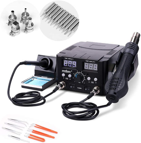 Professional 2-in-1 soldering and desoldering station equipped with a precision hot air gun and soldering iron, featuring dual digital LCD displays for accurate temperature control