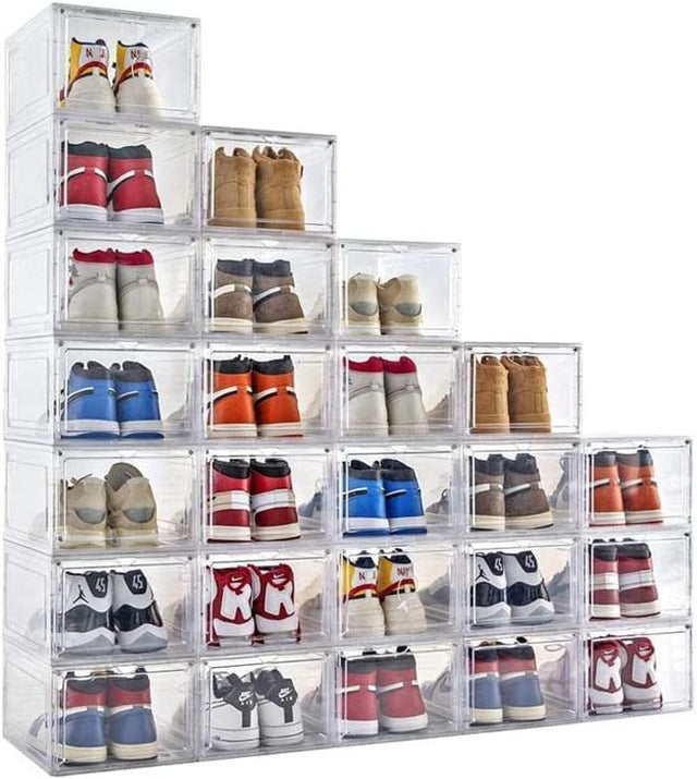 Premium Stackable Shoe Box - Transparent Display Storage Case with Magnetic Door, organized and protected shoe storage.