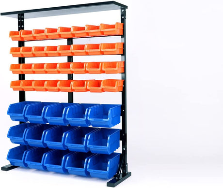 Wall-mounted bin storage rack with 50 bins for efficient organization of tools and parts in your garage.