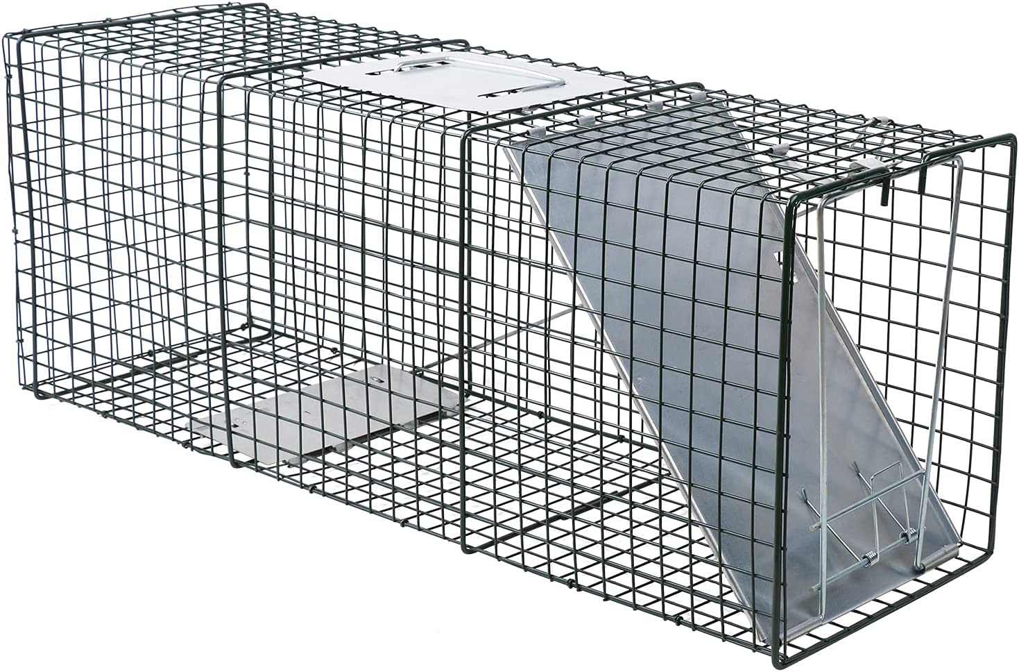 Humane steel animal trap cage in two sizes, ideal for safely catching possums, foxes, rats, cats, rabbits, and birds without harm