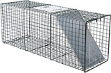 Humane steel animal trap cage in two sizes, ideal for safely catching possums, foxes, rats, cats, rabbits, and birds without harm