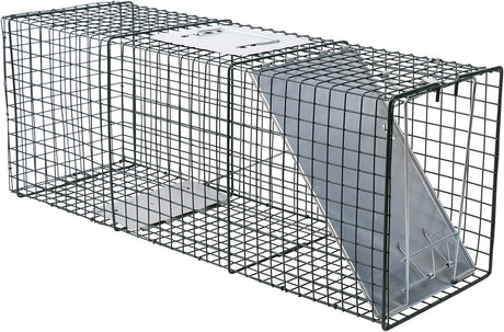 Humane steel animal trap cage in two sizes, ideal for safely catching possums, foxes, rats, cats, rabbits, and birds without harm