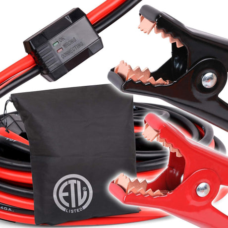 Heavy-duty 6M 3000AMP jumper leads with surge protection and smart alarm indicator for safe and efficient jump-starts.