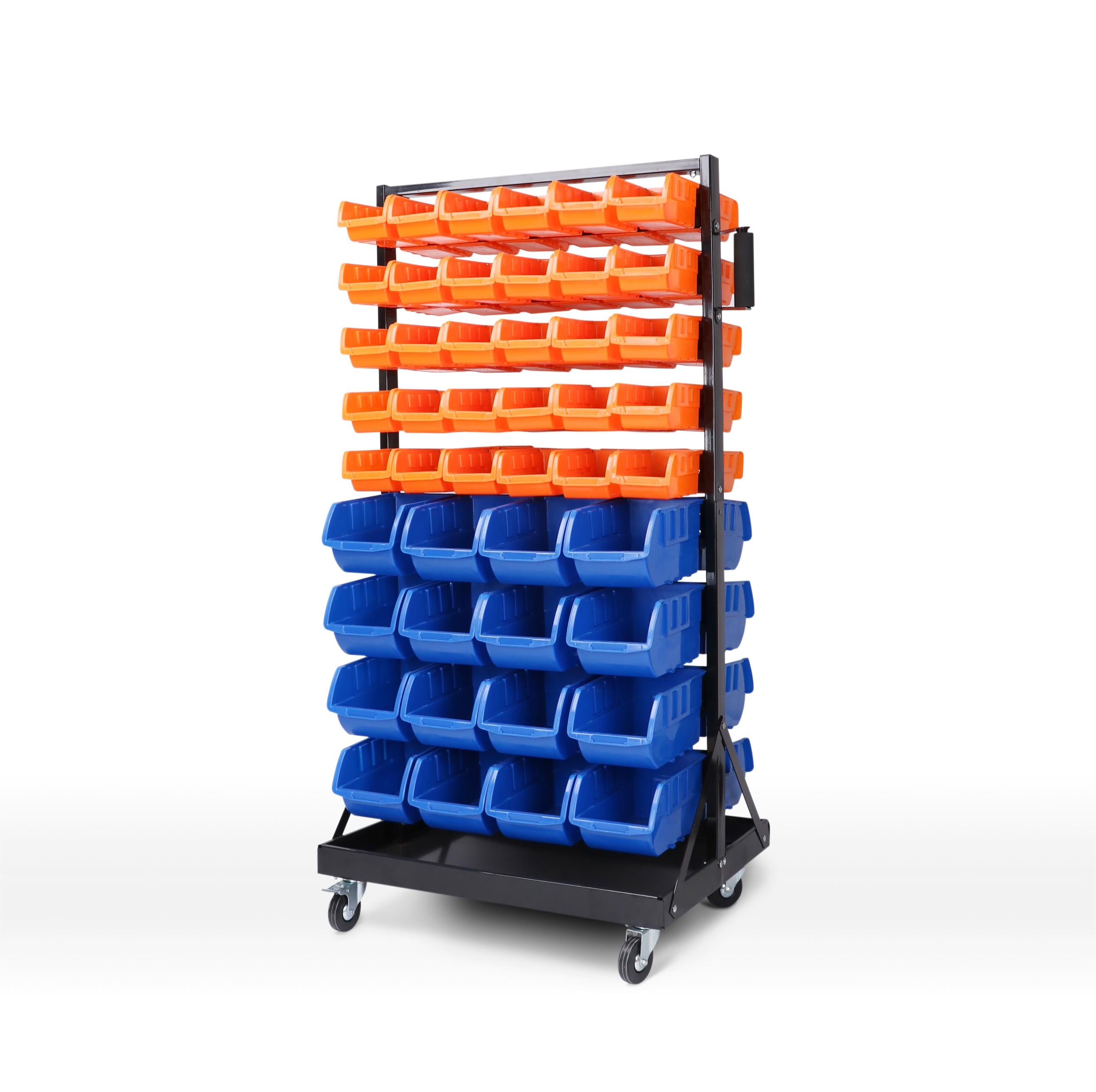 Mobile garage storage bin rack with 92 detachable bins and swivel wheels for organized tool and part organization.