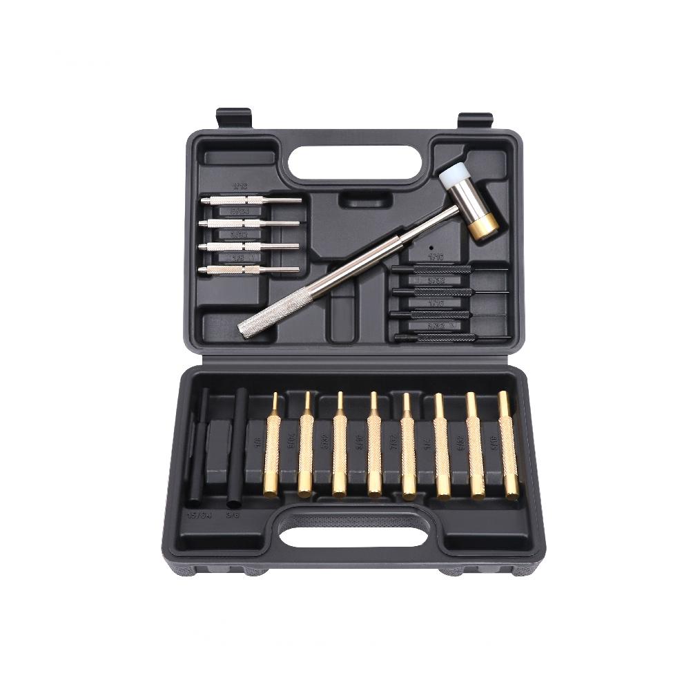 Comprehensive 19-piece gunsmith hammer and punch set with brass, steel, and polymer punches, including roll pin starters and a dual-faced hammer