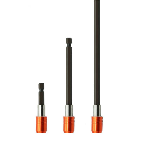 Set of 3 magnetic screwdriver bit extensions with anti-slip holders, featuring 1/4" hex shank compatible with all drills.