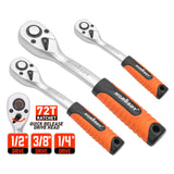 72-Tooth Ratchet Wrench Set in 1/4", 3/8", 1/2" Drive Sizes with Ergonomic Handle