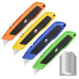 Set of 4 utility knives with snap-off blades, featuring retractable grip handles and a pack of 10 spare blades. Ideal for daily use in cutting cardboard, paper, wires, PVC, and crafts