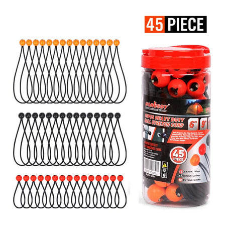 45-Piece Set of Elastic Bungee Ball Ties in Black, featuring 6 inch, 9 inch, and 11 inch lengths for versatile outdoor use