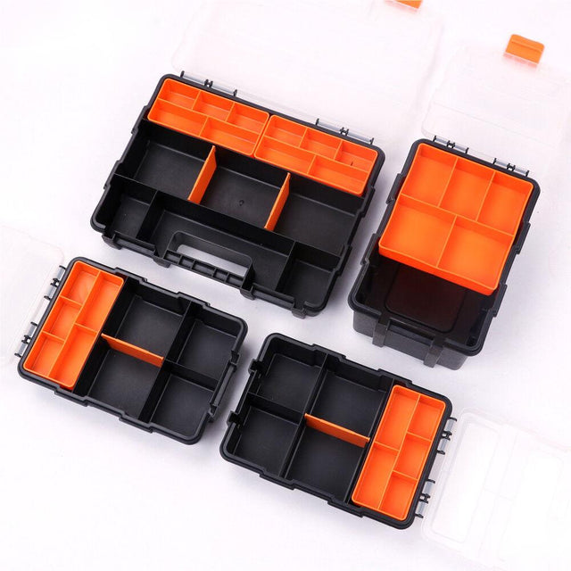 Versatile 4-piece tool box organizer set with removable trays, crafted from durable, high-impact polystyrene, ideal for neatly storing screws, nuts, bolts, arts and crafts materials.