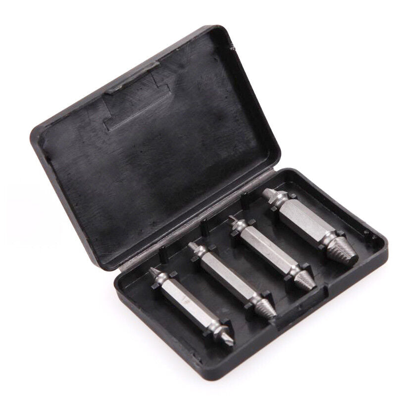 Four-piece set of damaged screw extractors, designed for easy removal of broken screws and bolts in sizes No. 4 to No. 24, suitable for use in automobiles, furniture, toys, and appliances. The set is presented in a charcoal grey plastic case