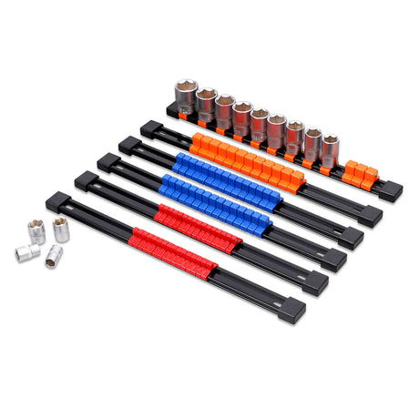 6Pc Socket Storage Rail Rack Organizer in Red, Blue, Orange - Mountable with Sliding Clips for 1/4", 3/8", 1/2" Drives