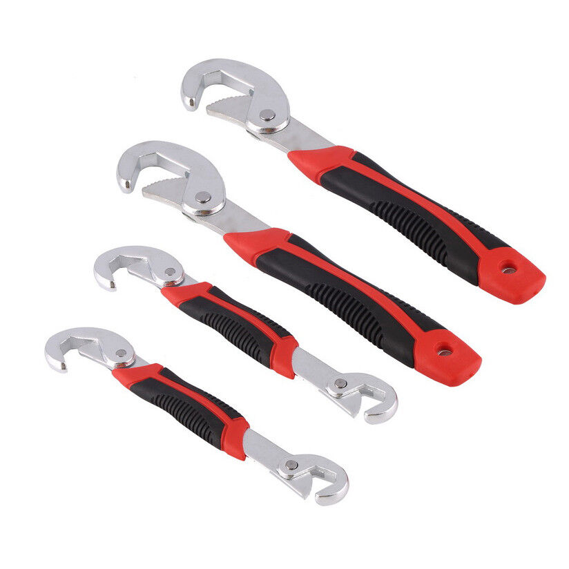 4-Piece Universal Quick Snap N Grip Wrench Set featuring two large and two small adjustable wrenches. These wrenches adapt to various bolts and nuts sizes, showcasing their self-adjusting technology for effective and easy use.