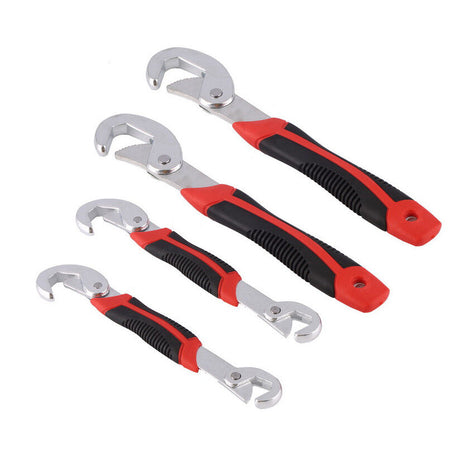 4-Piece Universal Quick Snap N Grip Wrench Set featuring two large and two small adjustable wrenches. These wrenches adapt to various bolts and nuts sizes, showcasing their self-adjusting technology for effective and easy use.