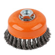 4-inch heavy-duty steel wire wheel cup brush for rust removal and surface preparation, compatible with M14 angle grinders