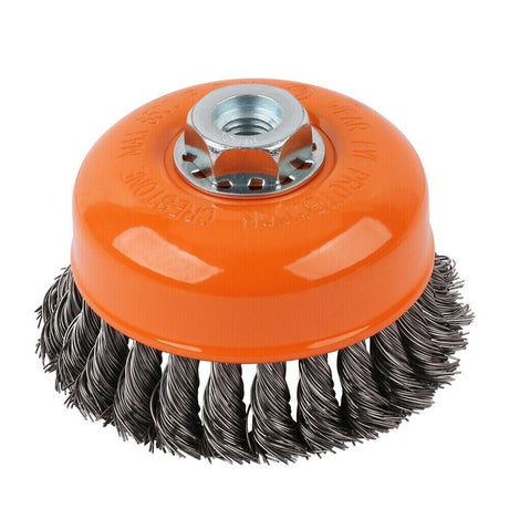 4-inch heavy-duty steel wire wheel cup brush for rust removal and surface preparation, compatible with M14 angle grinders