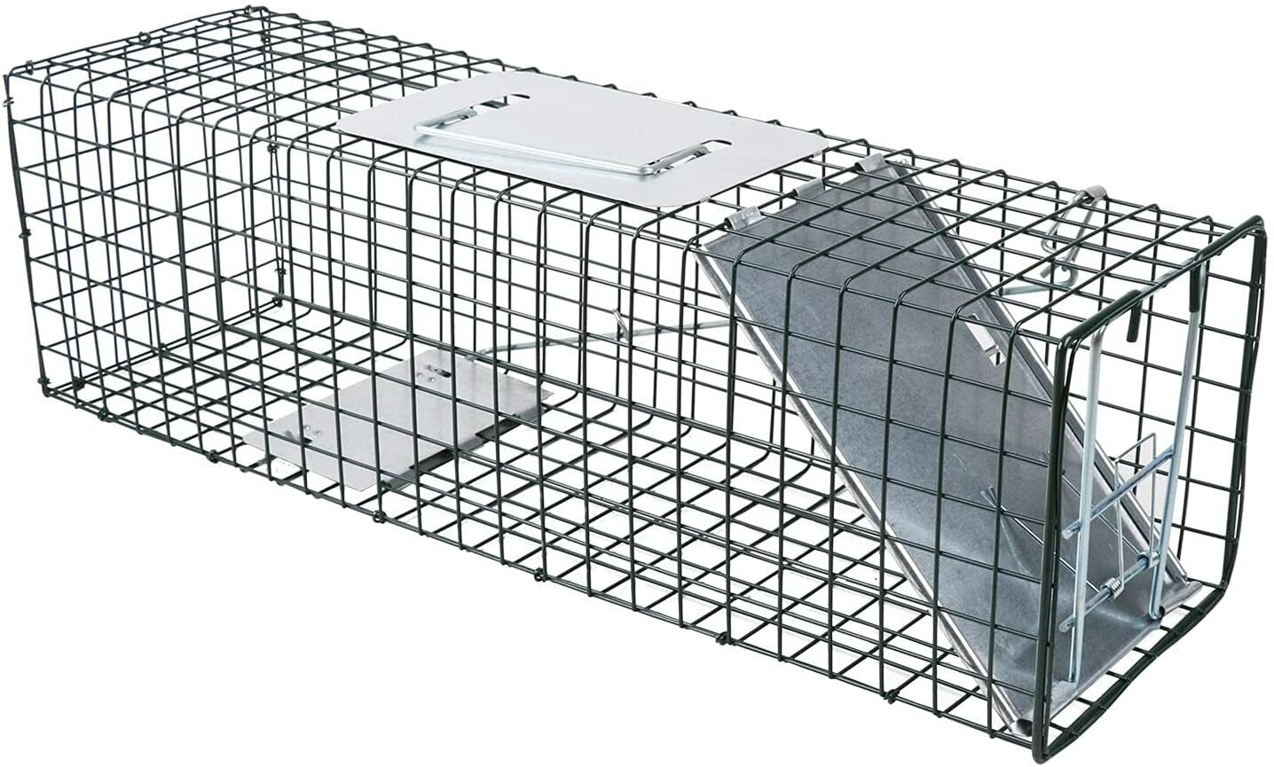 Humane steel animal trap cage in two sizes, ideal for safely catching possums, foxes, rats, cats, rabbits, and birds without harm