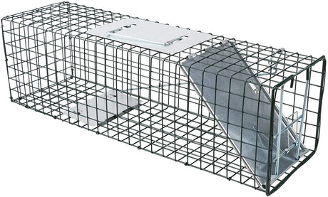 Humane steel animal trap cage in two sizes, ideal for safely catching possums, foxes, rats, cats, rabbits, and birds without harm