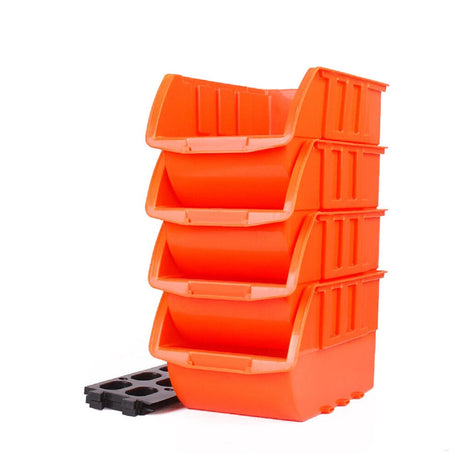 Red and orange stackable plastic parts storage bins with wall-mounted rack, ideal for organizing small tools, fishing tackle, and craft supplies