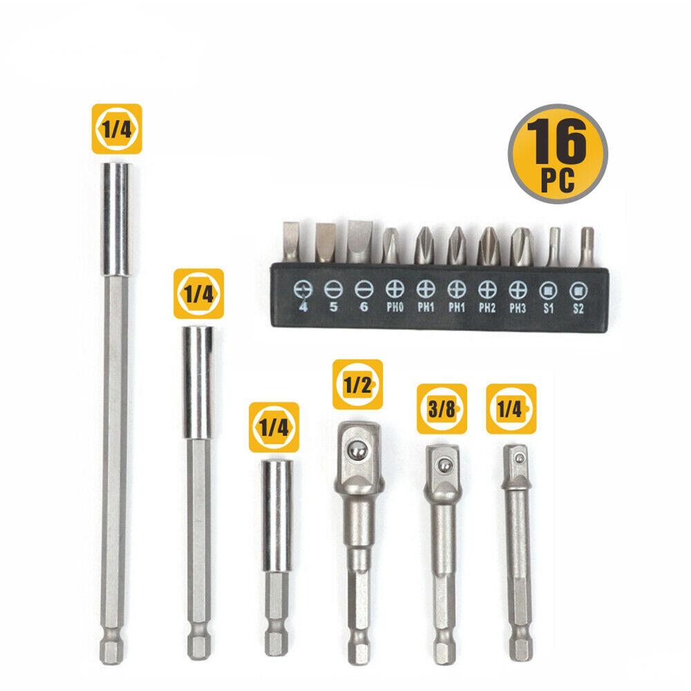 16-piece socket bit adaptor set including various nut drivers and extenders for power drills and screwdrivers, with different sizes for versatile use