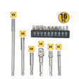 16-piece socket bit adaptor set including various nut drivers and extenders for power drills and screwdrivers, with different sizes for versatile use