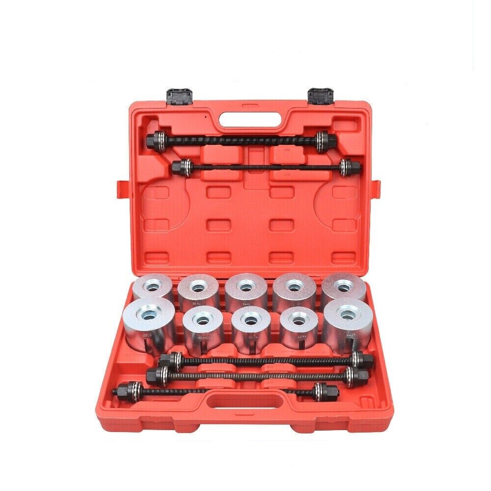 Comprehensive 27-piece carbon steel pull and press sleeve kit for bushing and bearing removal, suitable for car and heavy vehicle maintenance.
