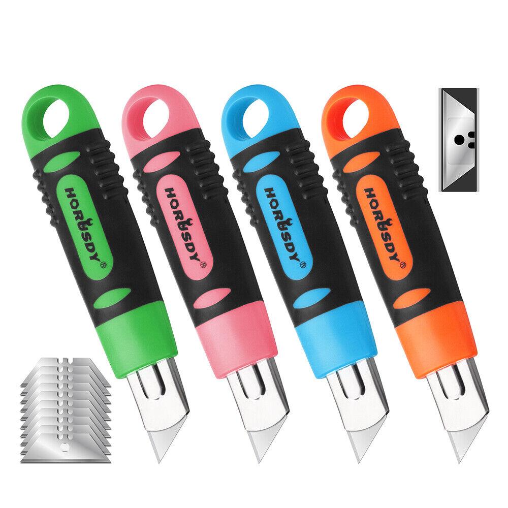 Set of four retractable box cutters with grip handles and 10 additional spare blades, ideal for cutting cardboard, paper, PVC, and crafts