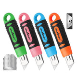 Set of four retractable box cutters with grip handles and 10 additional spare blades, ideal for cutting cardboard, paper, PVC, and crafts