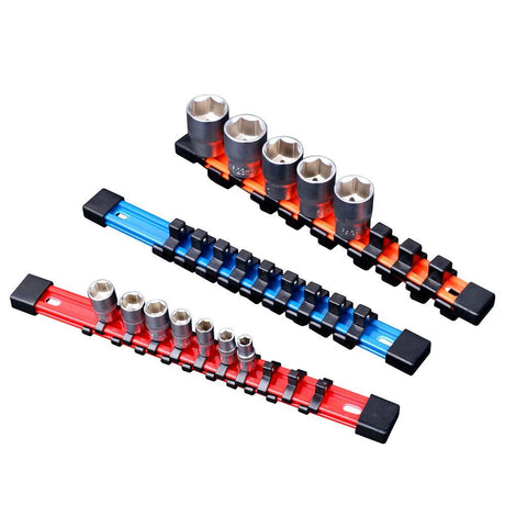 Color-coded 3Pc Socket Holder Set for 1/4", 3/8", 1/2" drives with ABS plastic clips for tool organization.