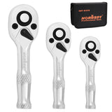 HORUSDY 3-Piece Stubby Socket Ratchet Wrench Set featuring 72-Tooth Mechanism and Durable CRV Construction, Sizes 1/2", 3/8", 1/4" with Storage Pouch