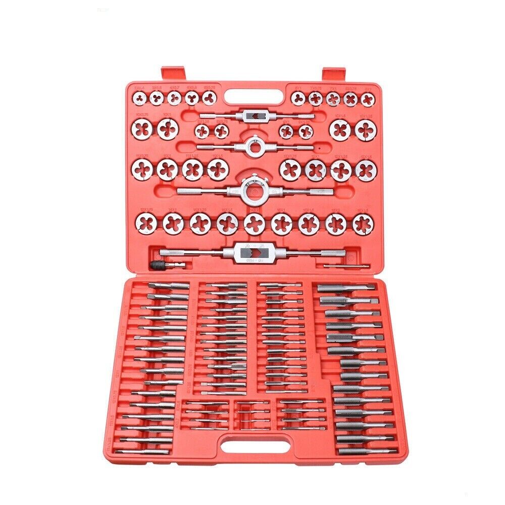 Complete HORUSDY 110-Piece Metric Tap and Die Set made of Durable Tungsten Steel, featuring Various Sizes for Screw Threading and Cutting, with Sturdy Storage Case