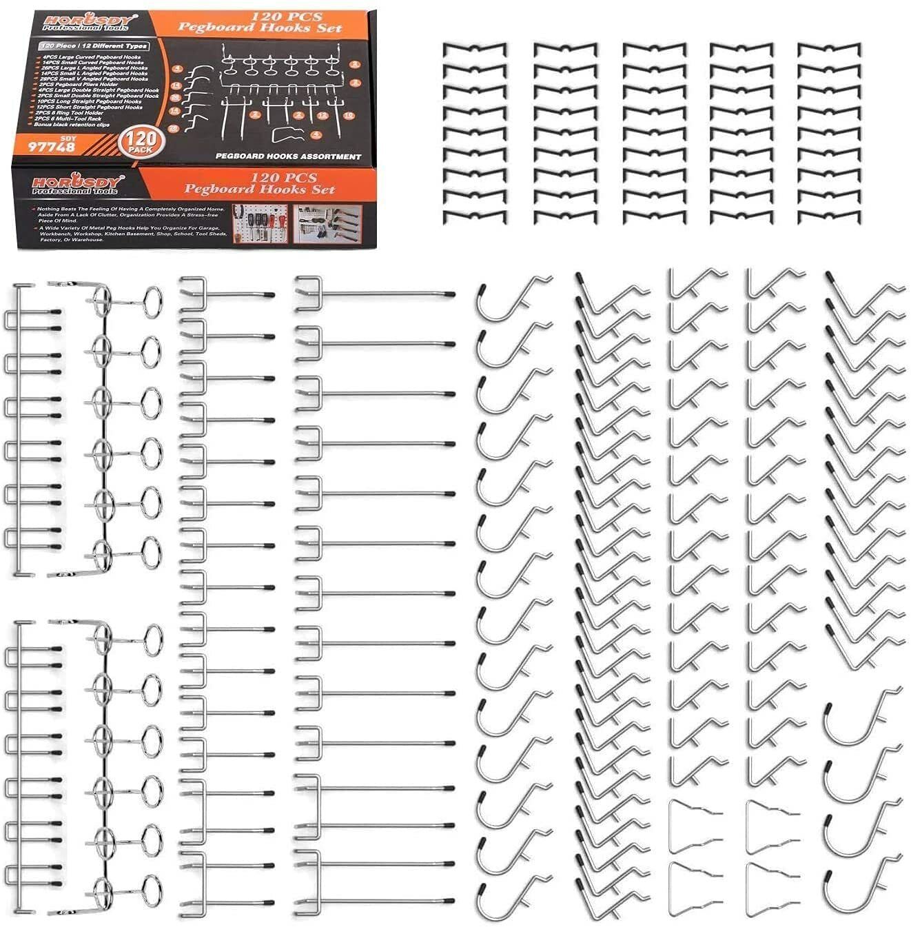 Comprehensive 120-Piece Pegboard Hooks Set with Various Sizes for Organizing Tools on Garage and Workshop Walls