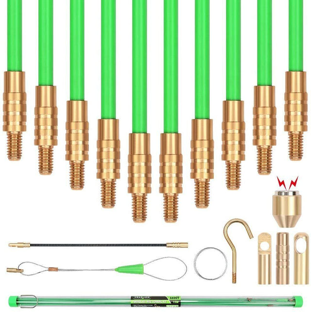 SWANLAKE 15-meter Fiberglass Push Pull Rods Set, featuring threaded brass connectors and various head attachments. Ideal for electricians and contractors for routing cables through walls, attics, and ceilings. Includes a flexible search head, eyelet heads, a brass hook head, and a magnetic head for versatile wiring applications