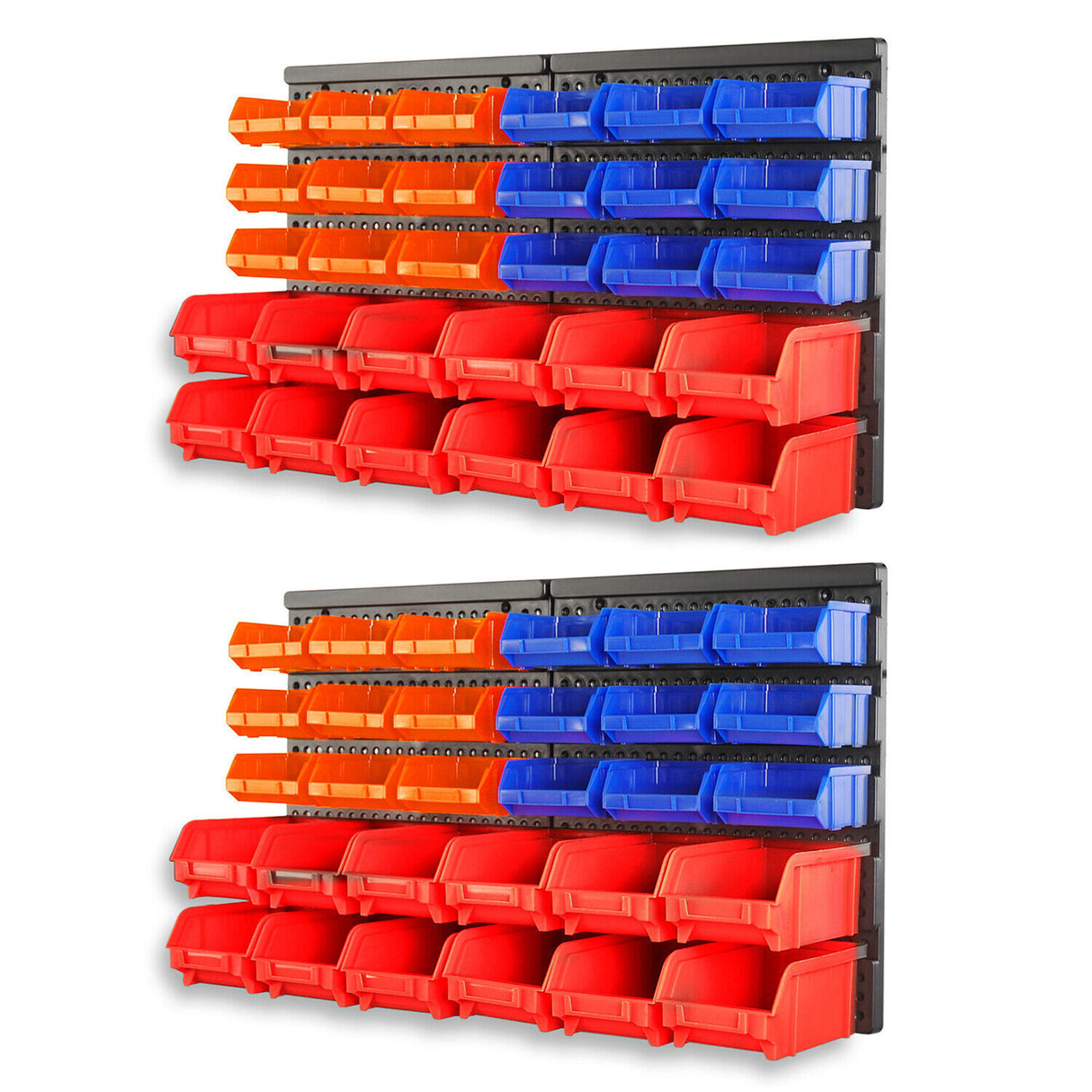 60-Piece Wall Mounted Tool Storage Bins Kit - Includes Red, Blue, Orange Bins and Peg Boards for Garage and Shed Organization