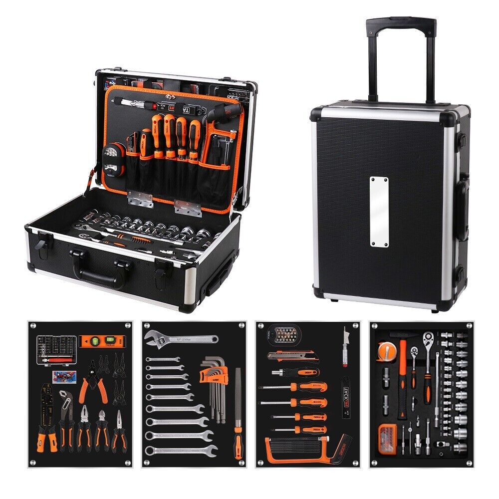 Comprehensive 177-piece hand tool set in a rolling aluminum case with ratchet handles, sockets, wrenches, pliers, and screwdrivers