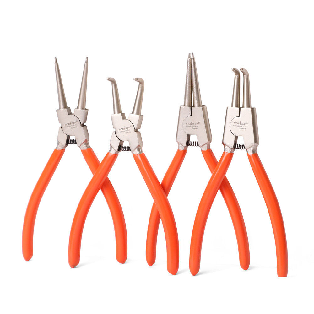 4-piece set of 7-inch circlip pliers, including internal and external, bent and straight tip snap ring pliers, with a durable storage bag