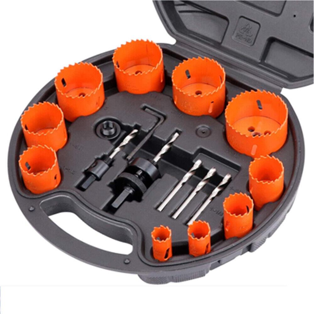 16-piece bi-metal hole saw set for precise cutting on metal, wood, gypsum, PVC, and plastic, with various sizes and durable construction