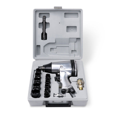 Complete 17-piece pneumatic air impact wrench kit with metric sockets and accessories for automotive and workshop use