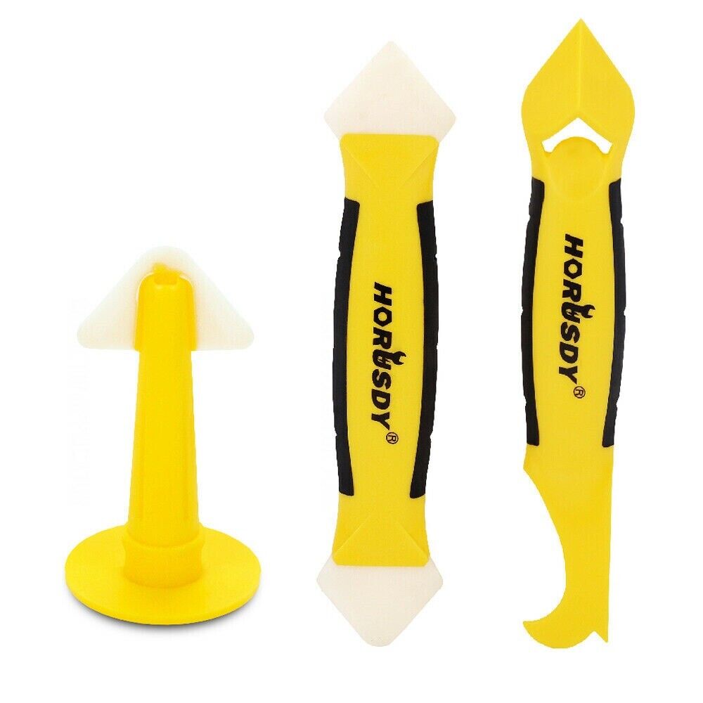 Comprehensive 3-piece scraper set for easy caulking and sealant removal, including a finishing tool, plastic scraper, and caulk nozzle with storage bag.